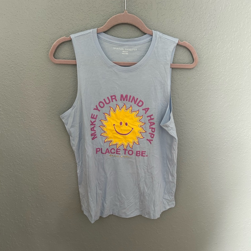 Spiritual Gangster Light Blue Muscle Tee with Sun Graphic